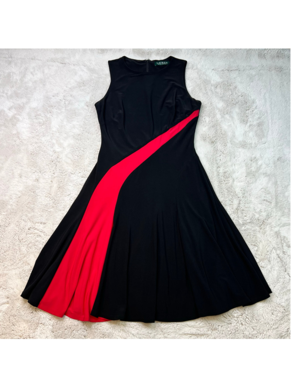 Lauren Ralph Lauren Midi Dress Size 2 Black Pink Colorblock A-Line Sleeveless